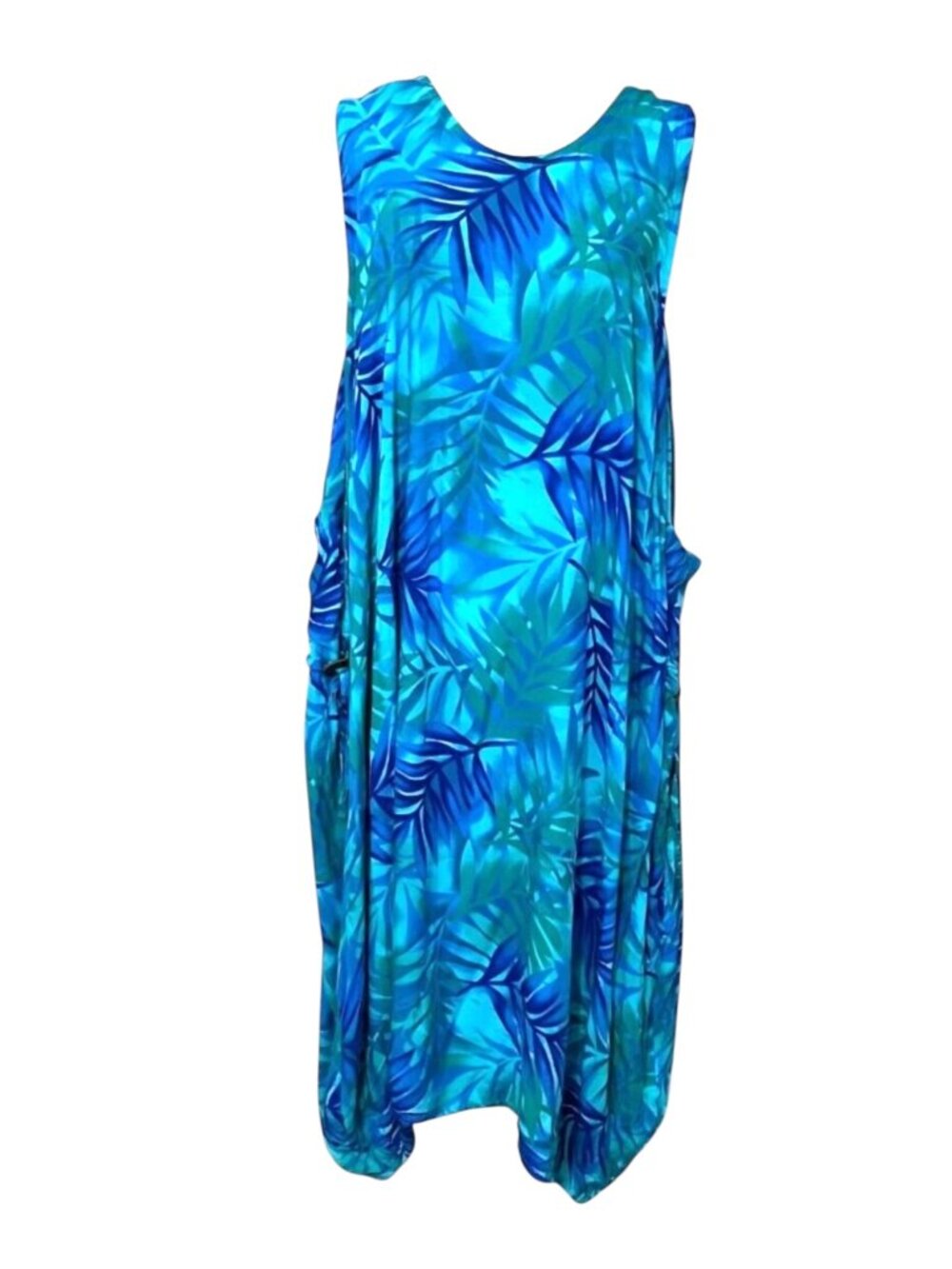 Tangerine Temple Blue Tropical Leaf Rayon Dress One Size Boho Resort Cover Up